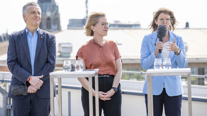 Leonore Gewessler (Grüne) am Montag am Dach des Westbahnhofs (Bild: APA/TOBIAS STEINMAURER)