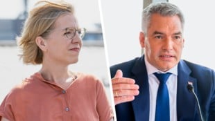 Politsch nicht auf einer LInie: Kanzler Karl Nehammer (ÖVP) und Infrastrukturministerin Leonore Gewessler (Grüne)  (Bild: Krone KREATIV/APA)