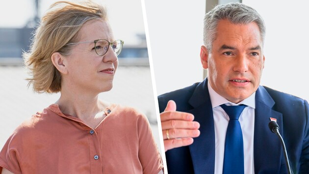 Politically not on the same page: Chancellor Karl Nehammer (ÖVP) and Infrastructure Minister Leonore Gewessler (Greens) (Bild: Krone KREATIV/APA)