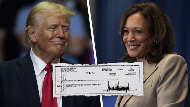 Trump spendete 5000 US-Dollar an Kamala Harris – allerdings im Jahr 2011.  (Bild: Krone KREATIV/AFP, x.com/JaredEMoskowitz)