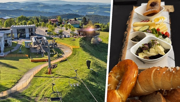 Let your feet dangle, enjoy the view - and have a good breakfast at the same time. In Mönichkirchen in the district of Neunkirchen, this offer is very popular. (Bild: Krone KREATIV/Erlebnisalm Mönichkirchen)