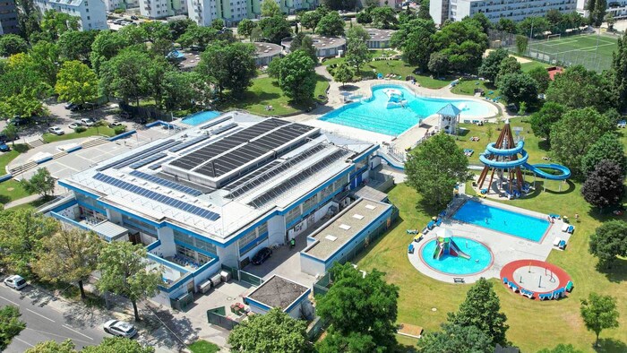 Solar panels are installed on the roof of the Simmering pool.