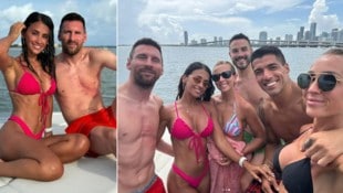 Messi mit Frau, Suarez mit Frau und dessen Schwester samt Begleitung in Miami am Strand 