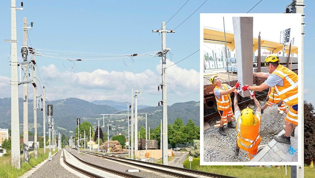 Das Aufstellen der Bahnstrom-Anlagen ist ein Mammutprojekt (Bild: Krone KREATIV/GKB/Karl-Heinz Ferk, Harry Schiffer Photodesign)