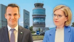 Sind sich über die Zukunft des Airports uneins: Leonore Gewessler und Stefan Hermann (Bild: Krone KREATIV/Jürgen Fuchs Ch.Jauschowetz Sepa Media Martin Juen)