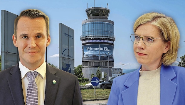 Disagree about the future of the airport: Leonore Gewessler and Stefan Hermann (Bild: Krone KREATIV/Jürgen Fuchs Ch.Jauschowetz Sepa Media Martin Juen)