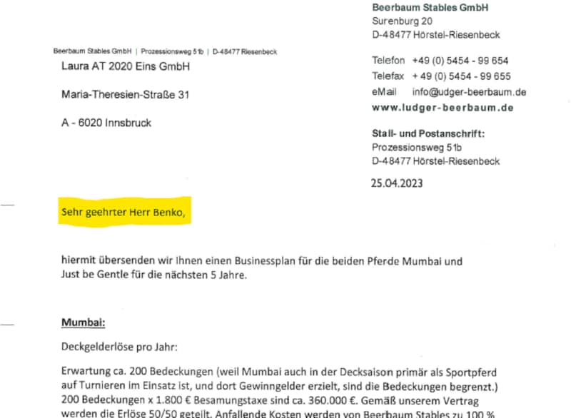 Ausriss aus dem Beerbaum-Businessplan für die Stiftungs-Pferde „Mumbai“ und „Just Be Gentle“: Gerichtet an „Herrn Benko“. (Bild: zVg)