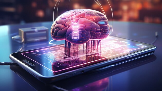 This is how an AI image generator imagines an AI smartphone. However, the image that artificial intelligence is built into the cell phone is misleading. Many things only work if data is sent to the cloud for processing. (Bild: stock.adobe.com/stock.adobe.com – KI-generiert)