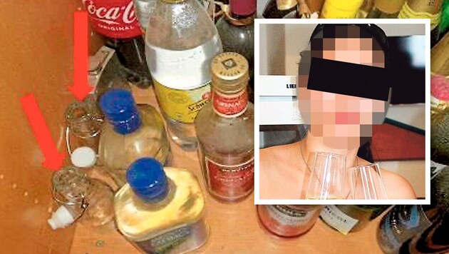 Bernadette H. (32) is said to have given her then boyfriend Andreas F. a special drink containing methanol (bottles with the red arrow). (Bild: Krone KREATIV/Screenshot MeinBezirk.at)