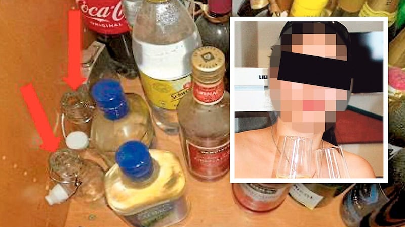 Bernadette H. (32) is alleged to have given her then boyfriend Andreas F. a special drink containing methanol (bottles with the red arrow). (Bild: Krone KREATIV/Screenshot MeinBezirk.at)