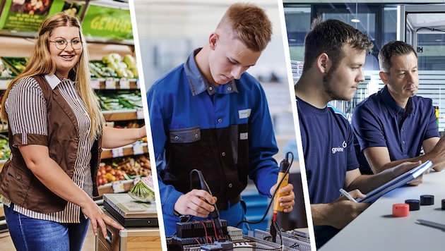 34,082 young people started their apprenticeship training last year. By comparison, in 1980 there were still more than 60,000 new apprentices. (Bild: Krone KREATIV/Greiner AG, voestalpine, Spar OÖ)