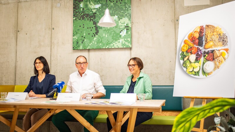 With Lisa Sturm (left) and Ilonka Horvath (right), the minister presented his new nutritional recommendations using the "plate model". (Bild: BMSGPK)