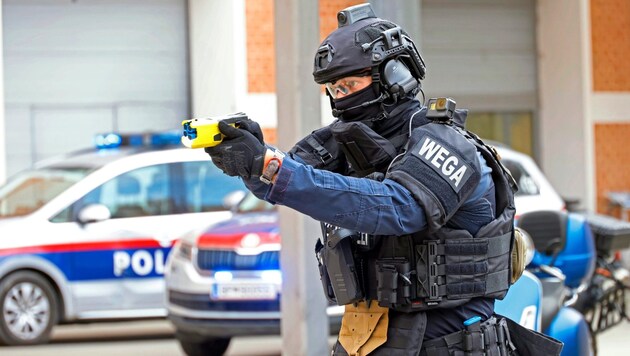 WEGA demonstrated the use of Tasers in a training session for the "Krone" on Thursday. (Bild: Groh Klemens)