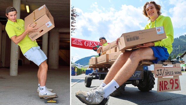 The camp boys use their skateboard and "speed machine" to deliver supplies to the tennis court - from pretzels to beer kegs. (Bild: Birbaumer Christof)