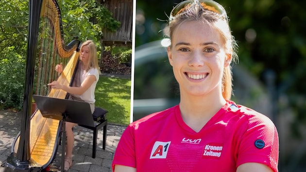 Kathi Liensberger spielt für Österreichs Olympioniken auf der Harfe. (Bild: GEPA, instagram, krone.at-grafik)