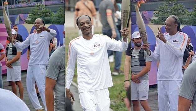 Take it easy: an Olympic torch relay doesn't always have to be so stiff - thought Snoop Dogg and "floated" through Paris. (Bild: AFP/Twitter.com/lucas, APA/STEPHANE DE SAKUTIN)