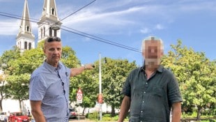 Werkstatt-Boss B. (rechts) wurde am Keplerplatz ausgeraubt. Bezirksrat Günter Kasal (li.) will Abschiebungen ab der ersten Straftat.  (Bild: Krone KREATIV/Günter Kasal)