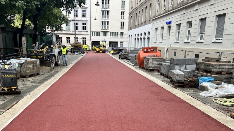 Der neuartige rote Asphaltbeton für den Radweg auf der Argentinierstraße soll künftige Sommerbaustellen vermeiden helfen. (Bild: Stadt Wien / Straßenverwaltung und Straßenbau)