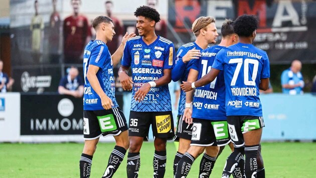 The Hartberg team led by Bullen loanee Justin Omoregie (2nd from left) scored eleven times. (Bild: GEPA/GEPA pictures/David Geieregger)