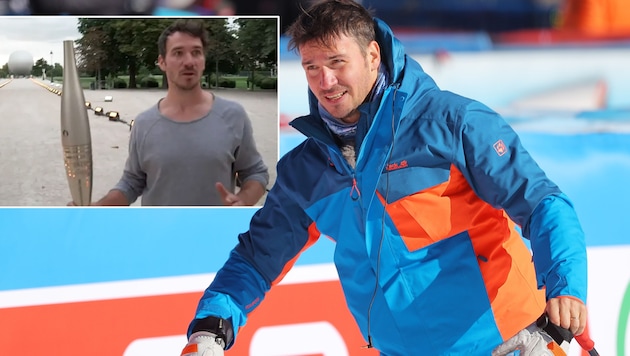 Felix Neureuther hatte plötzlich die olympische Fackel in der Hand. (Bild: GEPA/Screenshot ARD)