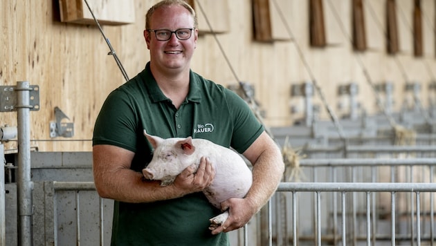 Öko-Züchter Manuel Hauer mit einem zufriedenen Ferkel (Bild: Imre Antal)