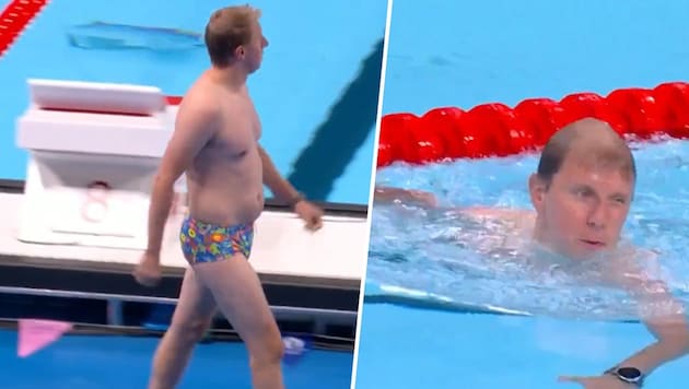 Ein Mann in bunter Badehose sorgte bei den Schwimm-Wettkämpfen in Paris für große Begeisterung. (Bild: Screenshot twitter.com/eurosport)