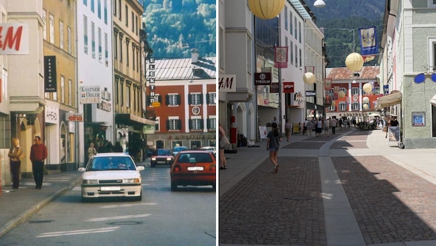 A comparison of the past and present: Lienzer Rosengasse used to be a busy thoroughfare. Today it is a promenade. (Bild: Archiv Stadt Lienz, Martin Oberbichler)