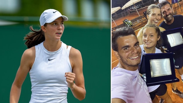 Lilli celebrating with fitness coach Sergio Bugada (right), doubles partner Bertacchi and their coach. (Bild: zVg (2))