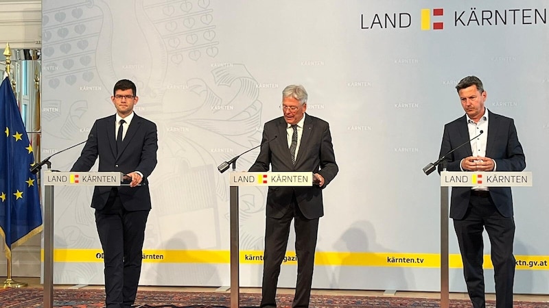 Bei der Pressekonferenz nach der Regierungssitzung: Gruber, Kaiser und Landesrat Daniel Fellner. (Bild: Felix Justich)