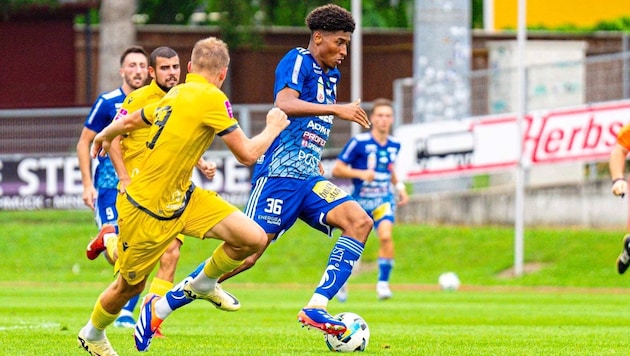 In Hartberg will Bullen-Leihgabe Justin Omoregie (r.) nach etlichen Verletzungen den Durchbruch schaffen. (Bild: GEPA pictures)