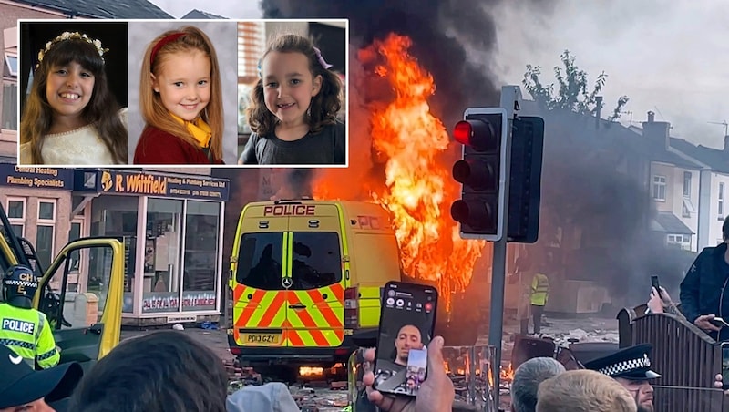 Alice Dasilva Aguiar (9), Elsie Dot Stancombe (7) and Bebe King (6) died in the knife attack (small picture). Right-wing extremists fought street battles with the police on Tuesday after a terrorist background was suspected. (Bild: AFP)