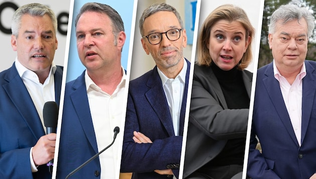 Die Spitzenkandidaten der fünf derzeit im Parlament vertretenen Parteien (Bild: Krone KREATIV/Paul Gruber, APA/Helmut Fohringer, Tomschi Peter)