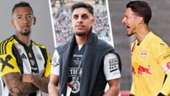 Manprit Sarkaria (Mitte) und Sturm gehen als Double-Sieger in die neue Saison, Janis Blaswich (re.) und Weltmeister Jérôme Boateng sind die prominenten Neuzugänge bei Red Bull Salzburg und dem LASK. (Bild: Krone KREATIV/GEPA)