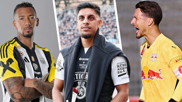 Manprit Sarkaria (Mitte) und Sturm gehen als Double-Sieger in die neue Saison, Janis Blaswich (re.) und Weltmeister Jérôme Boateng sind die prominenten Neuzugänge bei Red Bull Salzburg und dem LASK. (Bild: Krone KREATIV/GEPA)