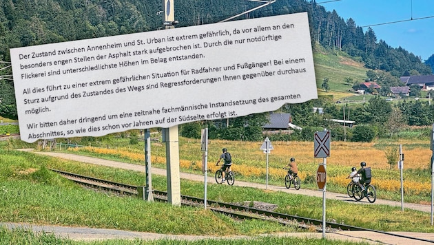 The cycle path around Lake Ossiach is in a desolate state on the northern shore (above). An excerpt from the letter from the 40 Carinthia guests (right). (Bild: Hannes Wallner)