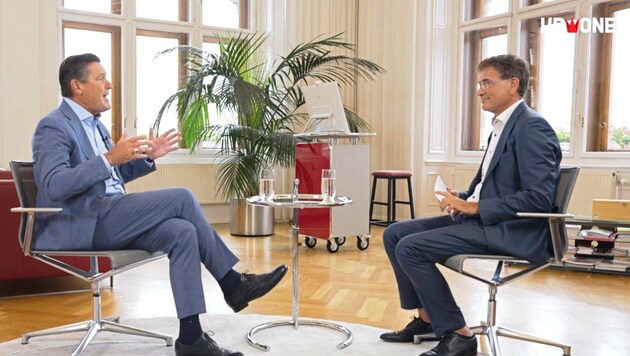 Councillor for Economy and Finance Peter Hanke in an interview with Gerhard Koller from krone-tv. (Bild: Krone kreativ)