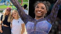 Biles (großes Bild) holte im Mehrkampf ihr bereits sechstes Olympia-Gold! Snowboard-Olympiasiegerin Anna Gasser und das Wiener Turntalent Helene Richter (kleines Bild) vor der Bercy Arena. (Bild: AP)