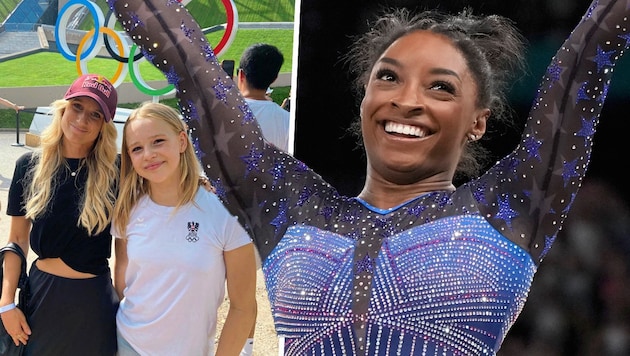 Biles (großes Bild) holte im Mehrkampf ihr bereits sechstes Olympia-Gold! Snowboard-Olympiasiegerin Anna Gasser und das Wiener Turntalent Helene Richter (kleines Bild) vor der Bercy Arena. (Bild: AP)