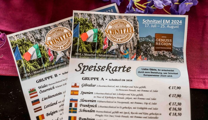 The menu for the European Schnitzel Championships. As there is always a lot going on at the moment, the landlord asks you to book in good time on 0 676 / 417 67 31.
