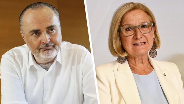 Die Landeshauptleute auf dem Prüfstand – schauen Johanna Mikl-Leitner und Hans Peter Doskozil zurecht angespannt? (Bild: Krone KREATIV/Harald Dostal Reinhard Holl)