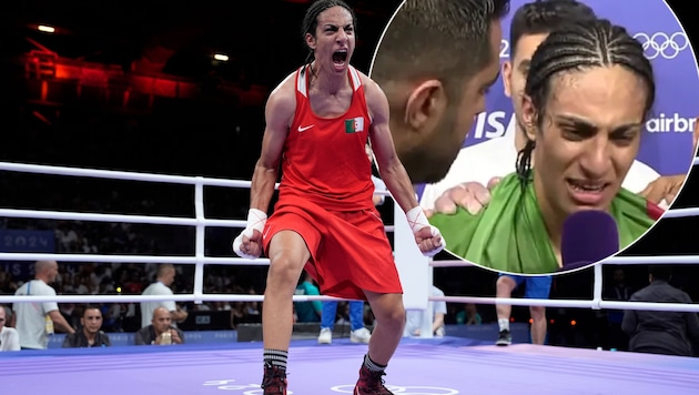 Imane Khelif feierte einen emotionalen Sieg bei den Olympischen Spielen in Paris. (Bild: AP/John Locher, Screenshot beIN SPORTS)