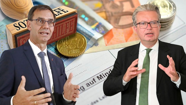 Die aktuellen Sozialhilferegelungen sind dringend zu hinterfragen, finden die beiden ÖVP- Landeshauptleute Christopher Drexler (re.) und Markus Wallner (Bild: Krone KREATIV/APA, thinkstocksphotos.de)