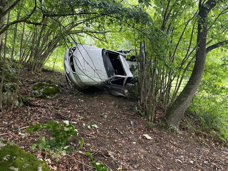 Rund 70 Meter kullerte der Opel mit seinen beiden Insassen den Hang hinunter, bevor er seitlich im Gestrüpp liegen blieb. (Bild: FF Türnitz)