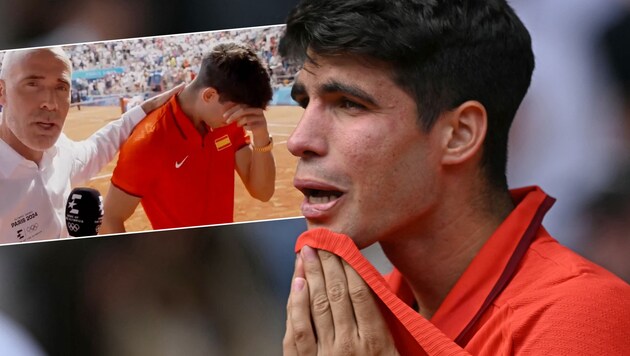 Tränen bei Carlos Alcaraz nach dem verlorenen Finale gegen Novak Djokovic (Bild: AFP/CARL DE SOUZA, Screenshot Eurosport)