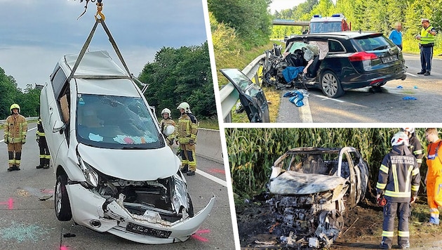 Seven of the 16 road users died in accidents at the weekend alone. (Bild: Krone KREATIV/Christian Schulter, laumat, Freiwillige Feuerwehr Pressbaum)