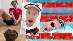 Schwimmer Henrik Christiansen ist durch seine Tiktok-Videos zum „Muffin-Man“ geworden.  (Bild: Associated Press, tiktok.com/henrikchristians1)