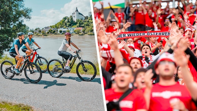 Wegen des Wetters samt Hochwasser verschoben Radtouristen im Juni ihre Urlaube, die Fußball-EM hemmte die Lust auf Österreich-Reisen. (Bild: Krone KREATIV/www.picturedesk.com WGD Donau Oberösterreich Tourismus)