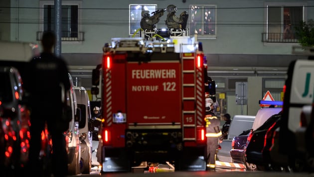 Armed special forces were lifted to the apartment using a fire department turntable ladder. (Bild: APA/Max Slovencik)