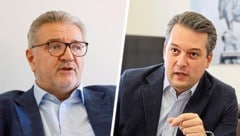 Peter Hacker (li.) verteidigt „Wiener Weg“, Dominik Nepp will Misstrauensantrag einbringen. (Bild: Krone KREATIV/Klemens Groh Zwefo)