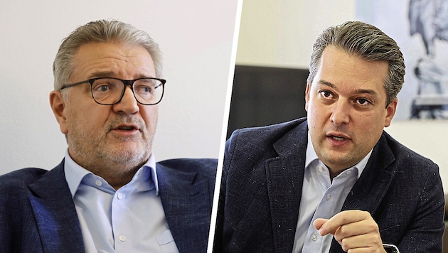 Peter Hacker (left) defends the "Viennese way", Dominik Nepp wants to table a motion of no confidence. (Bild: Krone KREATIV/Klemens Groh Zwefo)